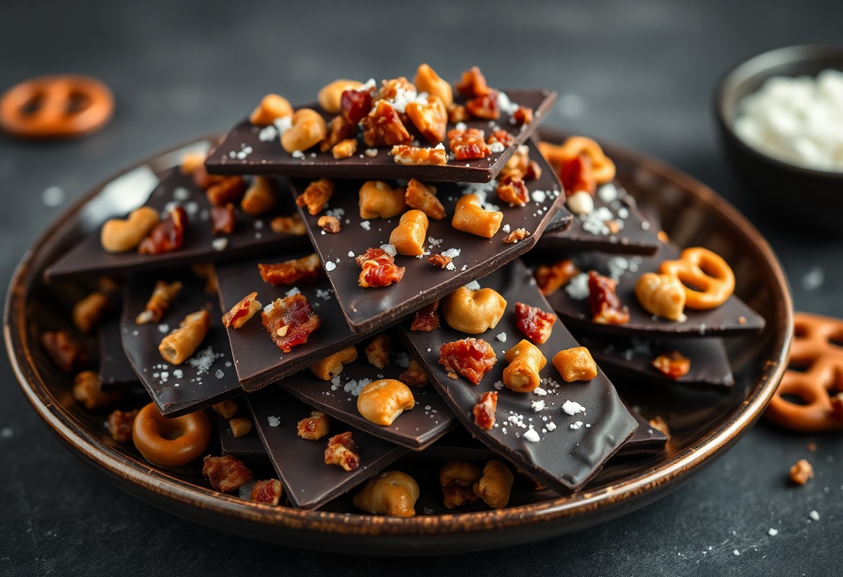 Dark Chocolate Bark with Pretzels and Bacon