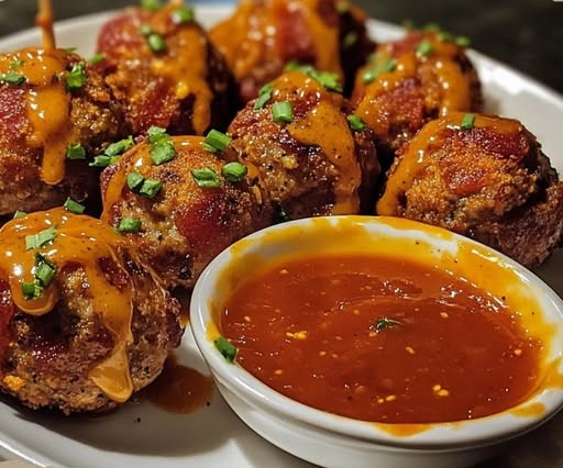 Ghost Pepper Bacon-Wrapped Meatballs with Fiery Dipping Sauce – A Spicy Delight